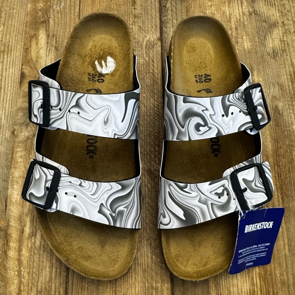 Birkenstock Women’s Arizona Birko-Flor Marbletwirl Black/White Size US 9 - Picture 10 of 11